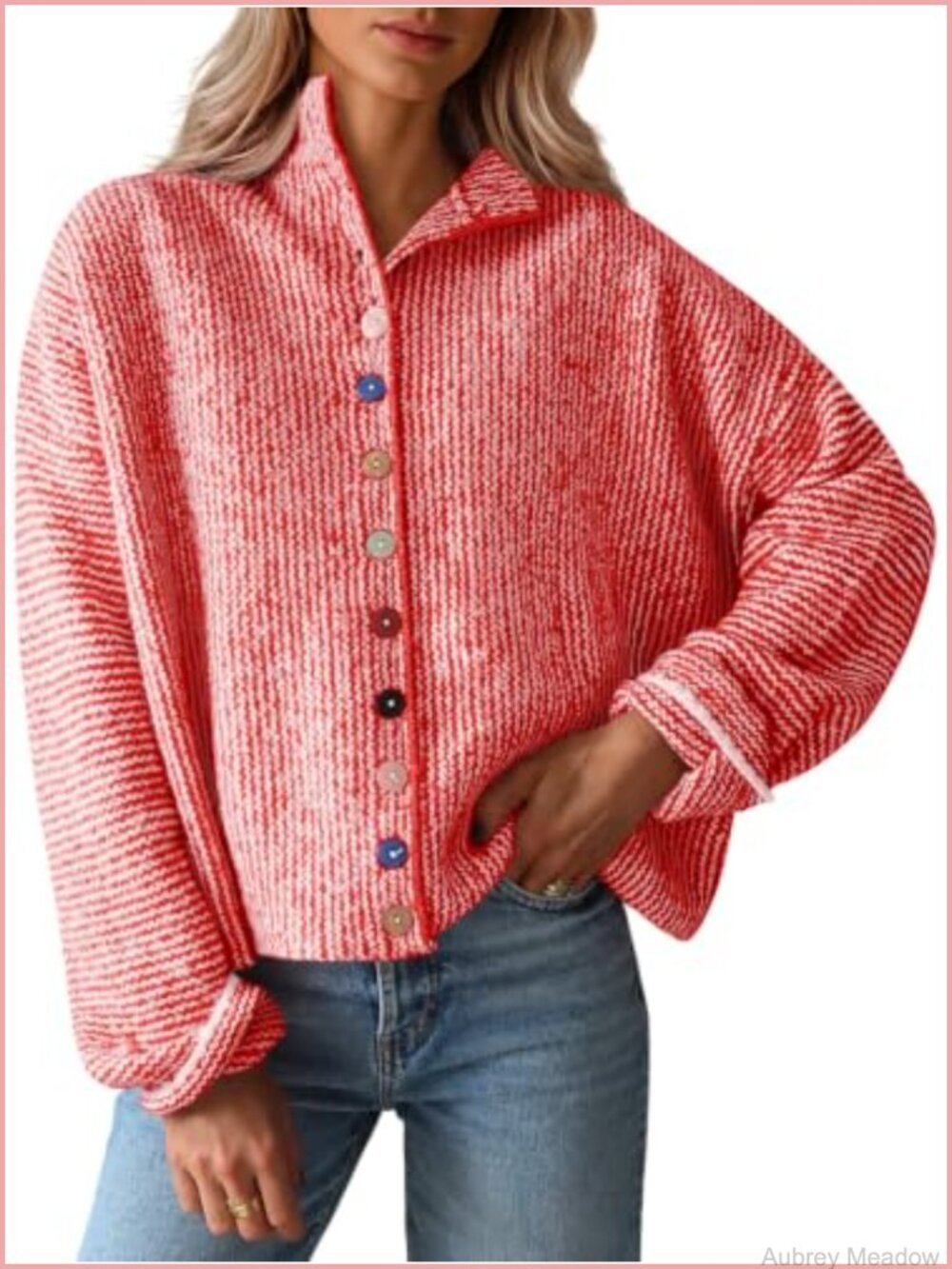 Striped Knit Cardigan Sweater with Colorful Buttons Loose Fit